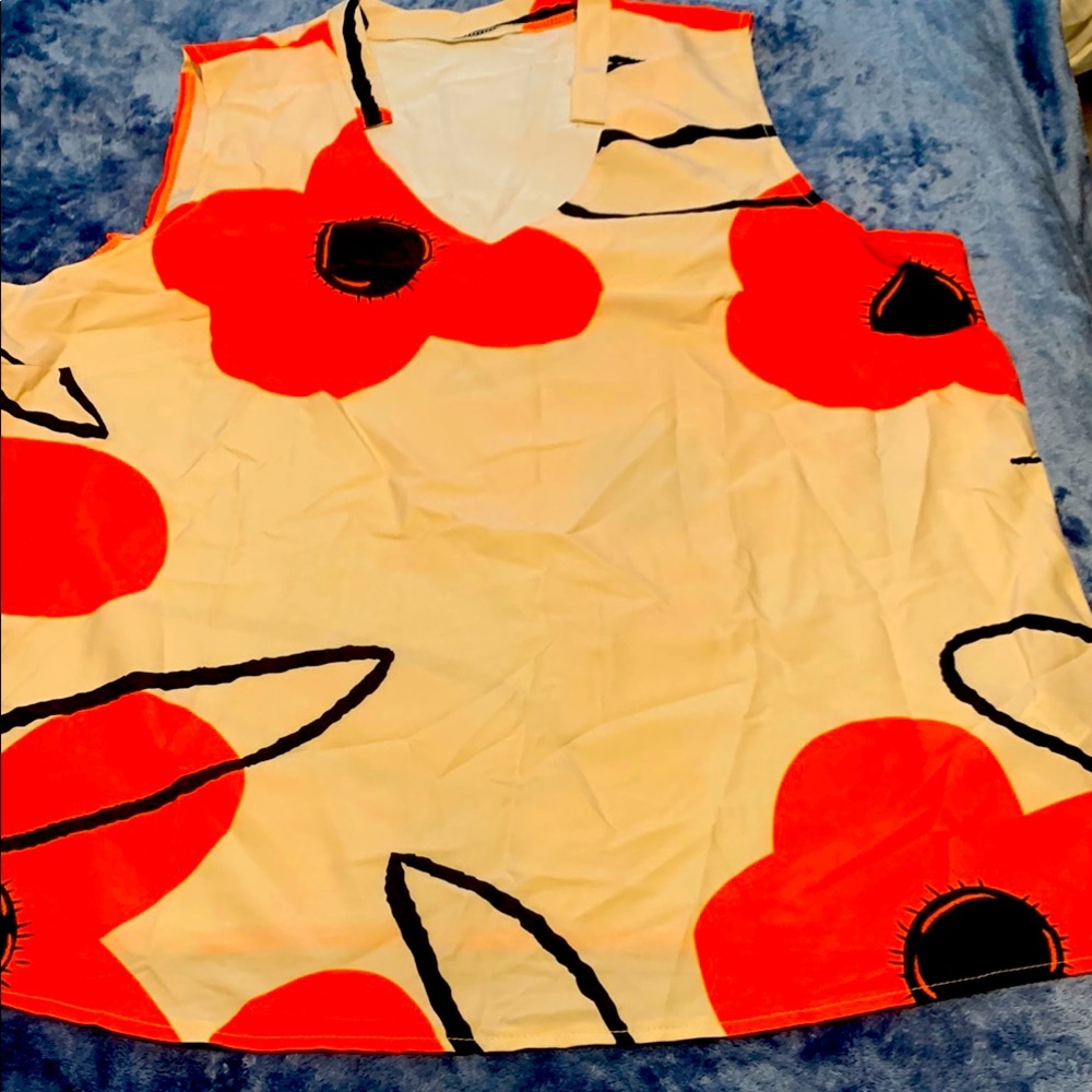 Floral Sleeveless Top - Orange and cream